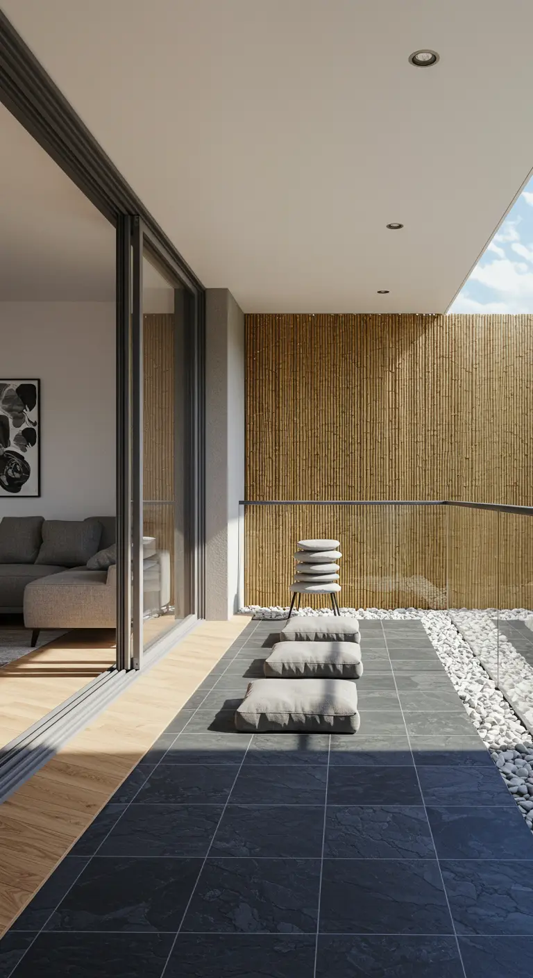 Balcony with slate tiles and white cushions, with a view into the adjacent living room.