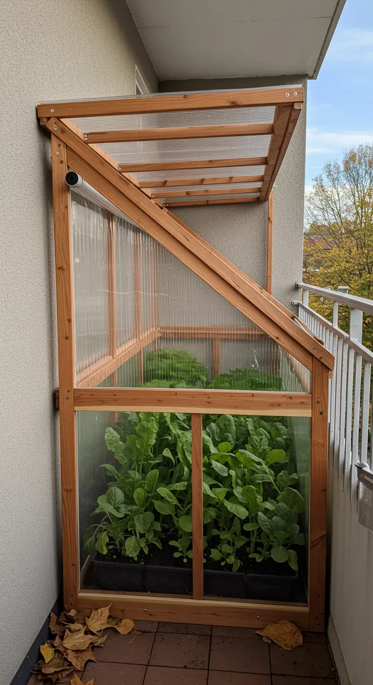 A custom wooden lean-to greenhouse attached to a balcony wall, filled with leafy plants.