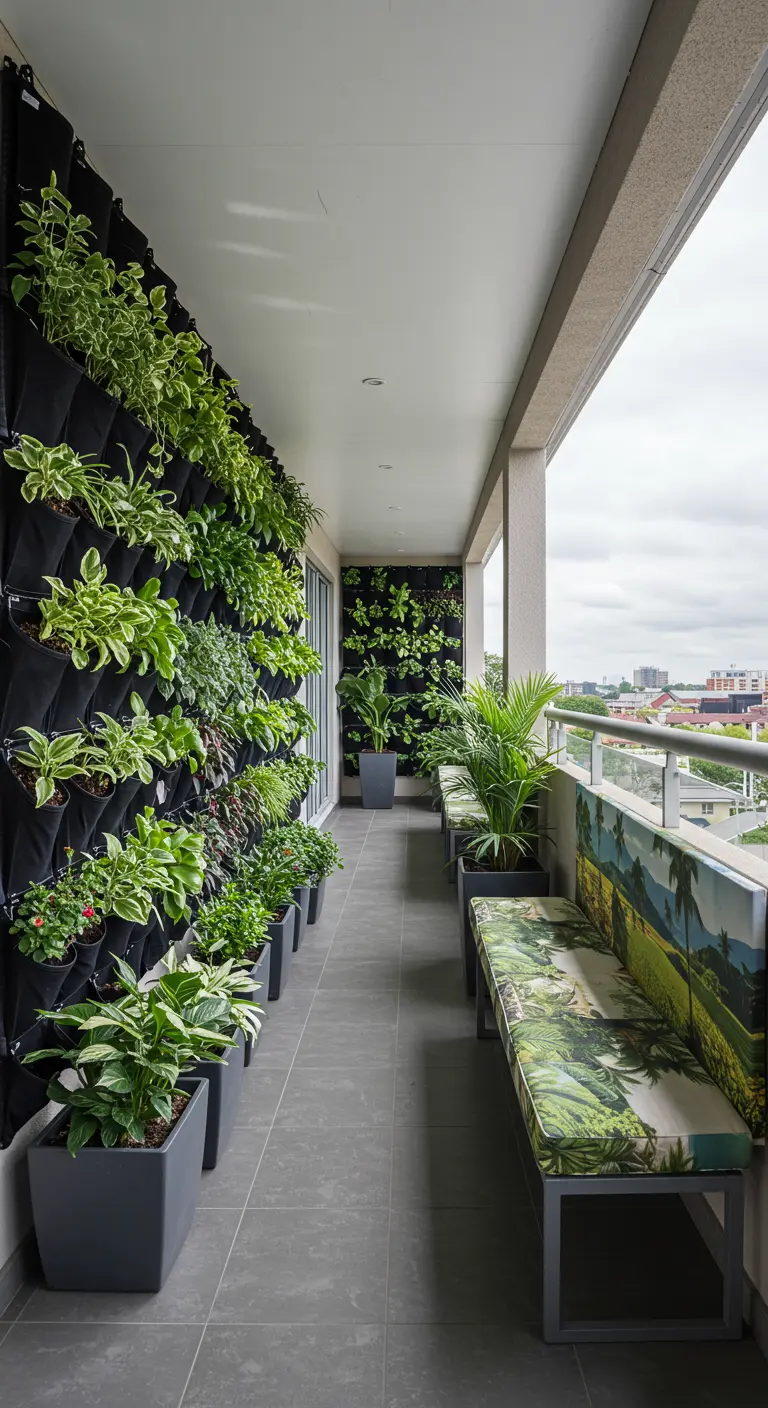 A long balcony featuring a full vertical garden wall made of fabric pockets.