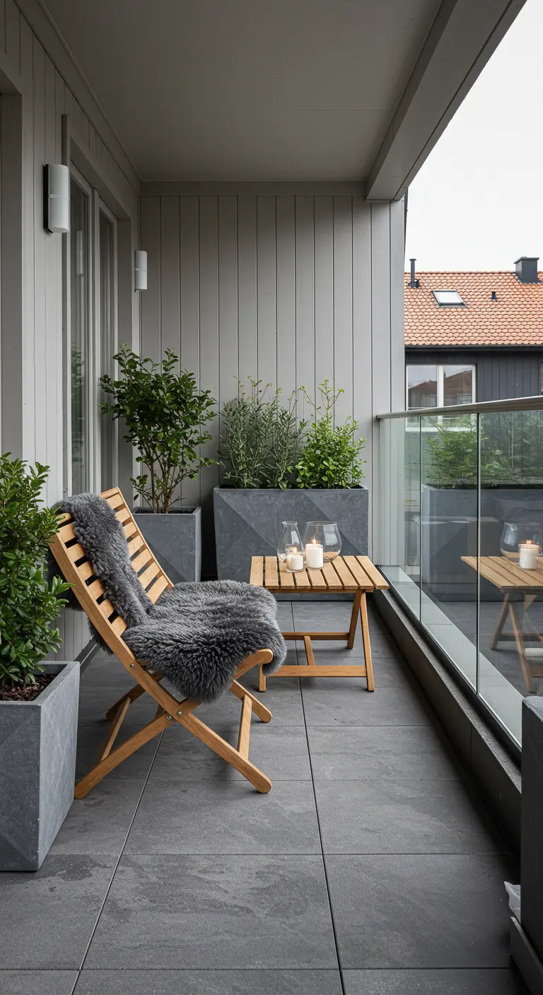 A modern balcony with gray floor tiles and matching gray geometric planters and furniture.