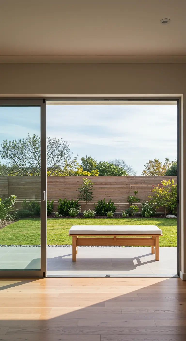 View from inside a home, looking out through a sliding glass door to a bench on the patio.