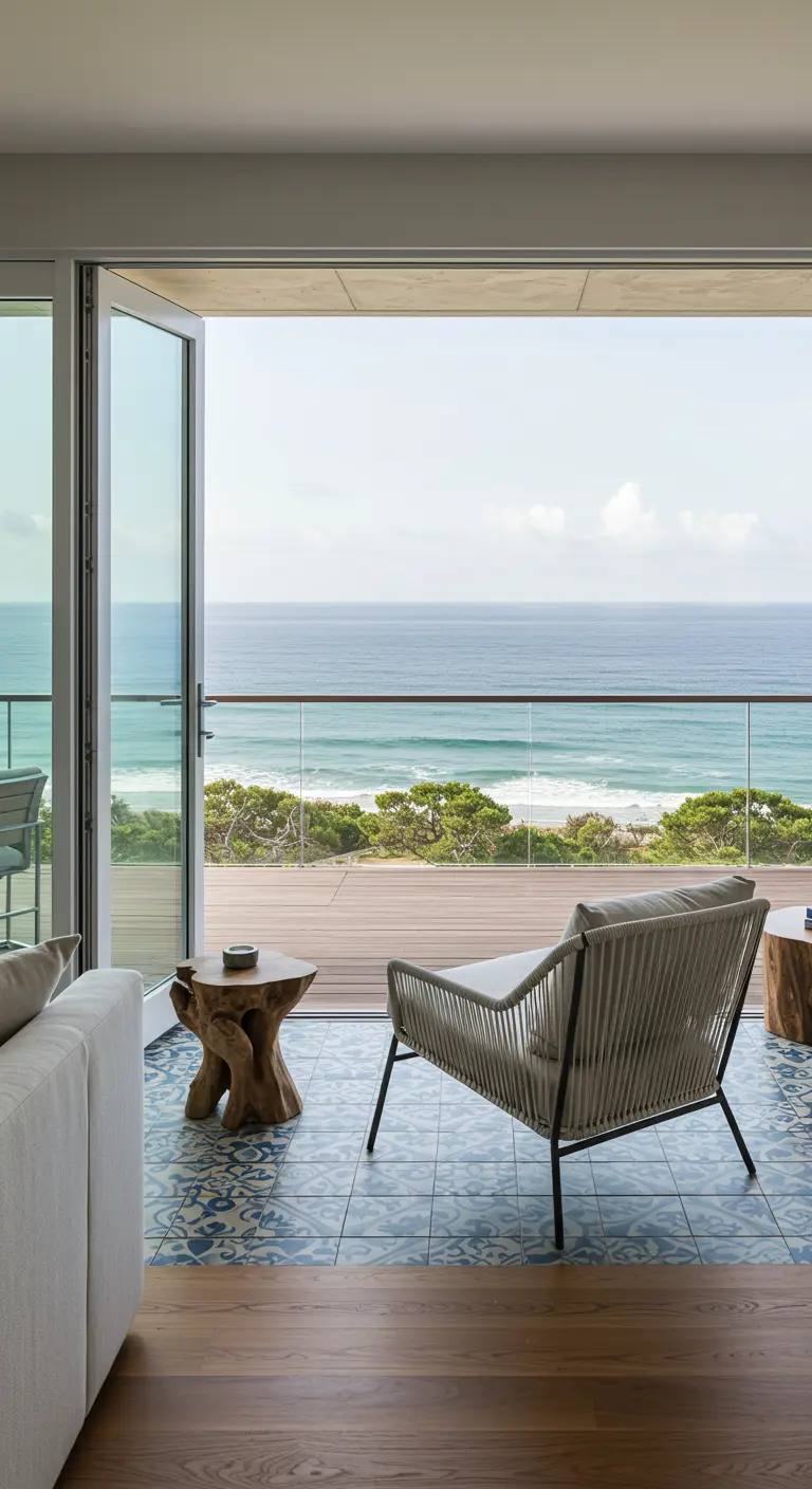 A view from a living room with patterned tiles that continue seamlessly onto the ocean-view balcony.
