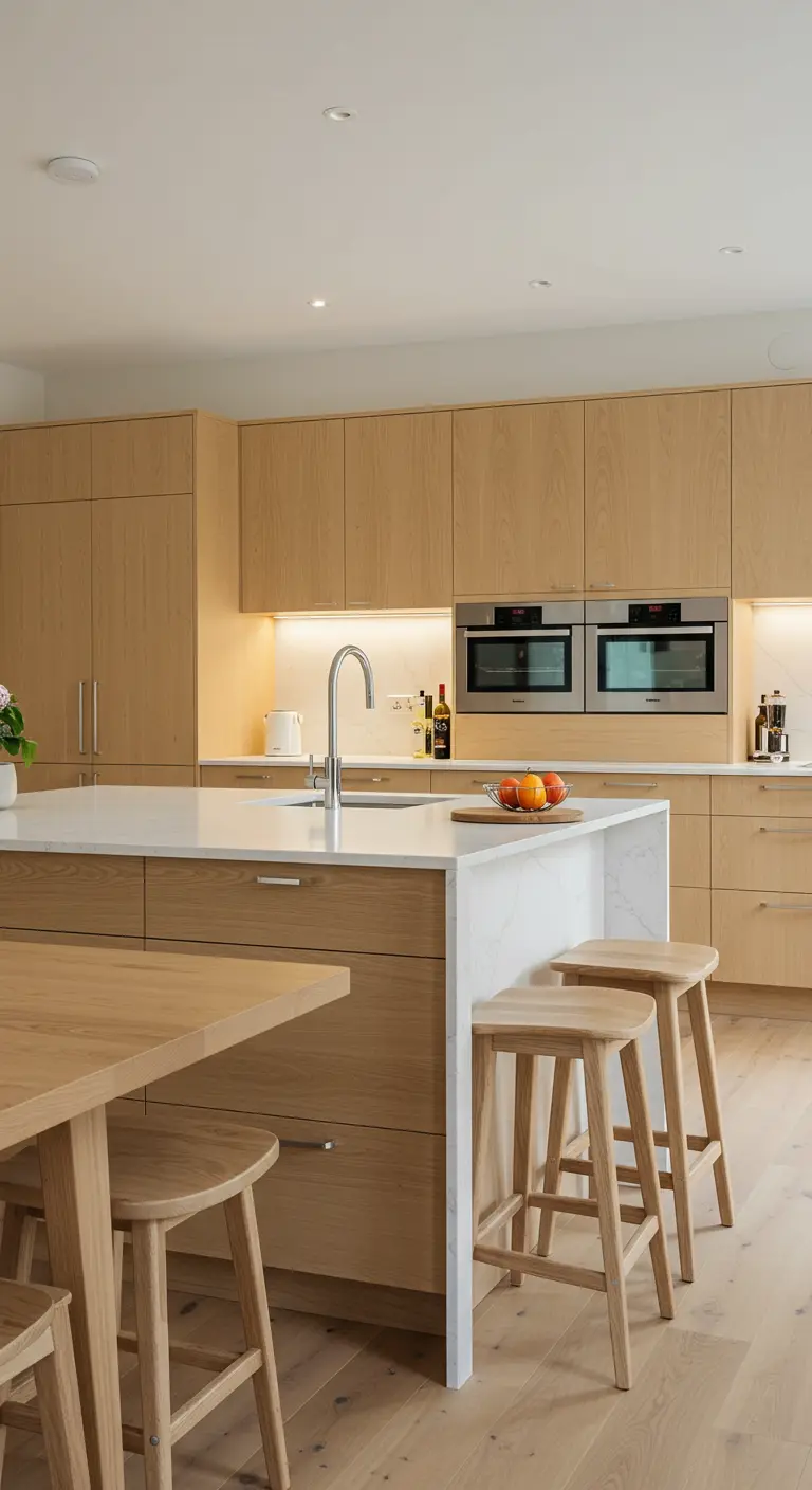 Japandi kitchen with light wood cabinets and a white waterfall marble island with wood stools.