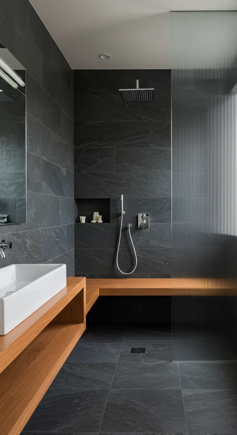 Modern bathroom with dark slate tiles, a wooden bench, and a reeded glass shower screen.