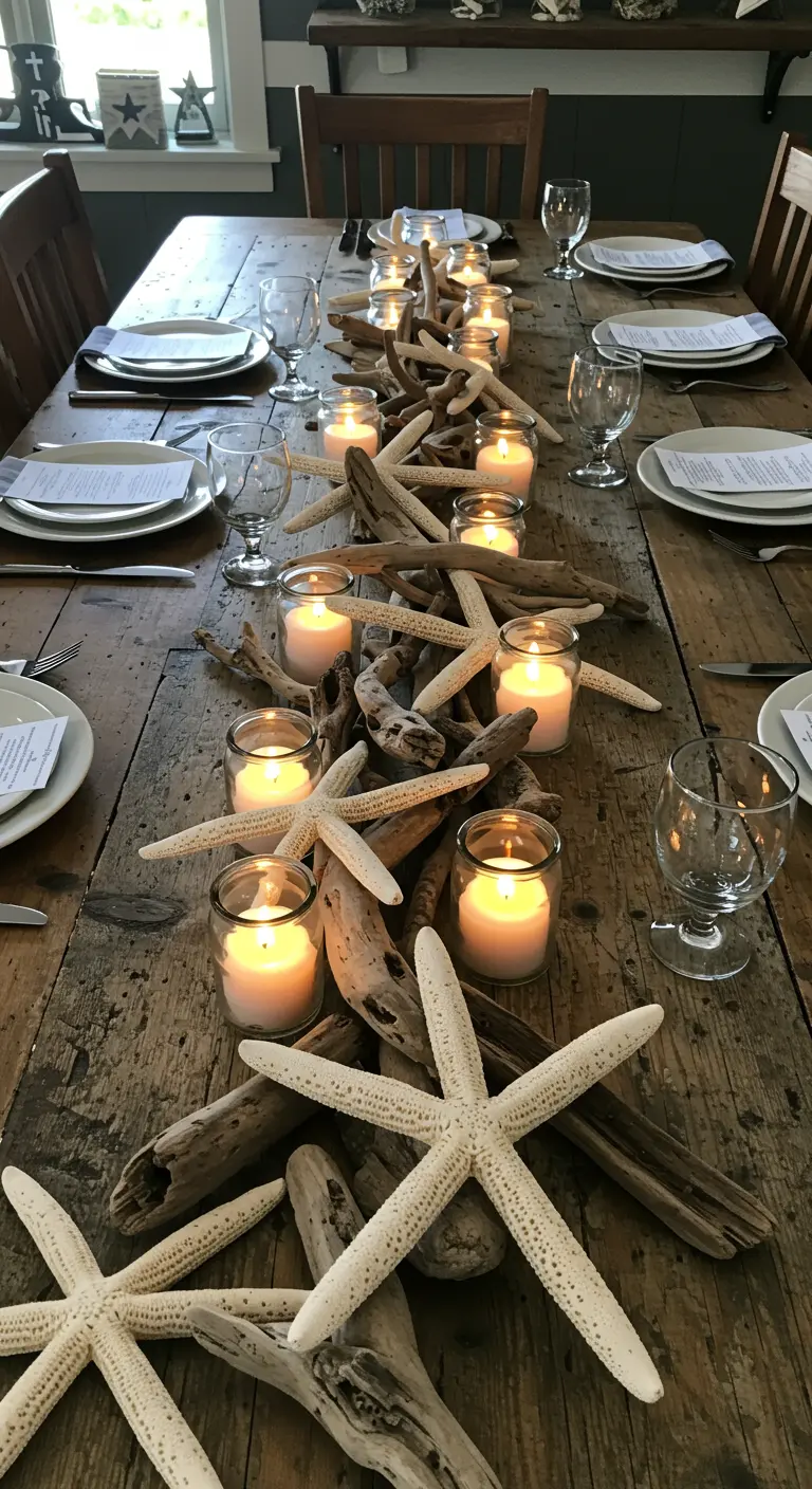 A close-up of a wooden dining table centerpiece made of a long line of driftwood, starfish, and candles.