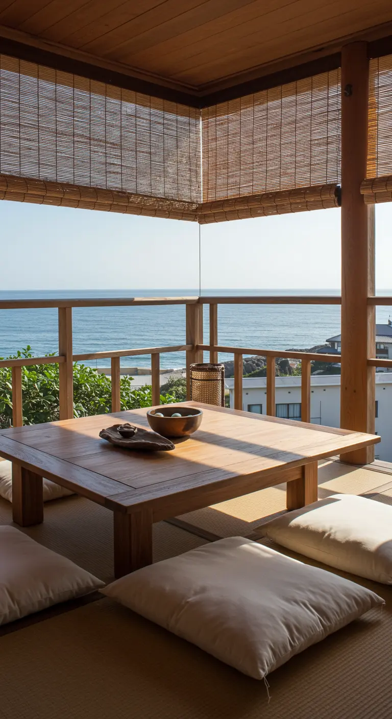 A balcony with a low wooden table and tatami mats overlooking a calm ocean view.