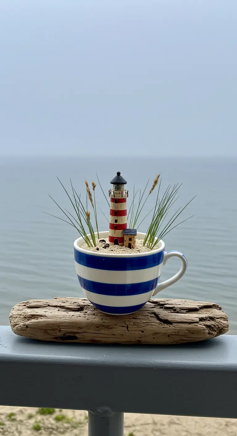 A striped teacup with a miniature lighthouse and dune grass, set on driftwood by the water.