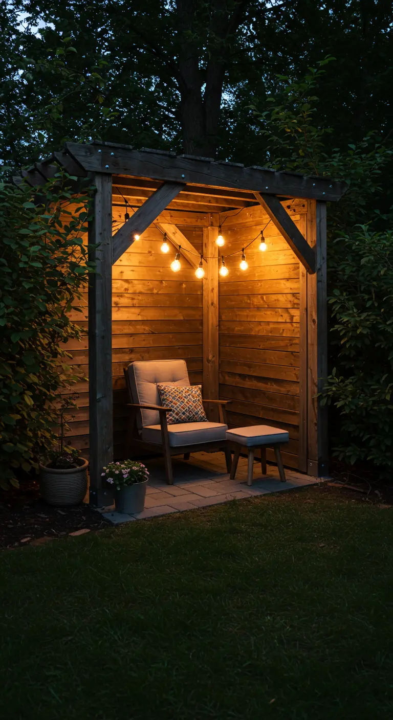 A small, three-sided wooden pergola creates a cozy reading nook with a single chair and lights.