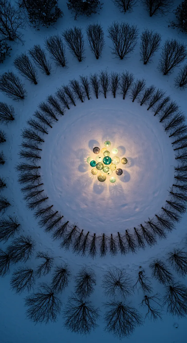 Aerial view of a cluster of colorful lights inside a perfect circle of snowy shrubs.