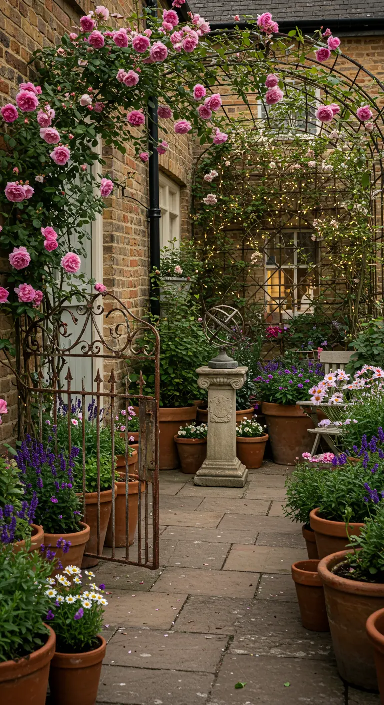 A cottage garden path with a rusty iron gate, climbing pink roses, and a stone sundial.