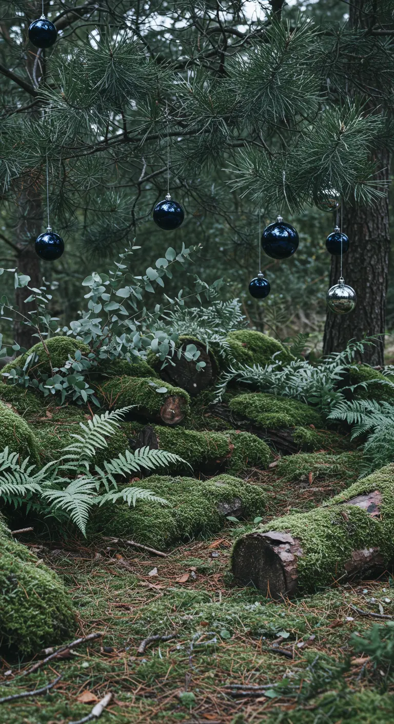 Navy blue and silver baubles hanging from pine branches in a mossy forest.