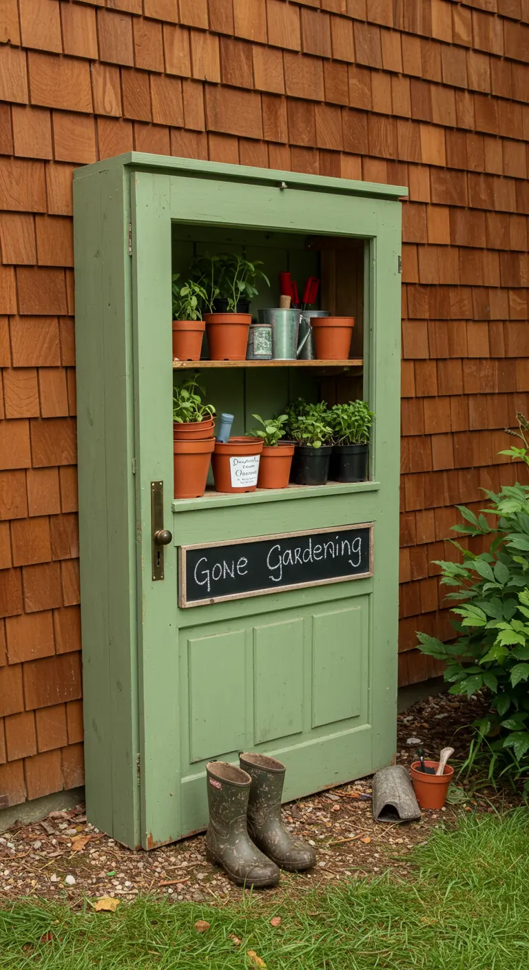 A green vintage door converted into a shallow storage cabinet for holding pots and garden supplies.