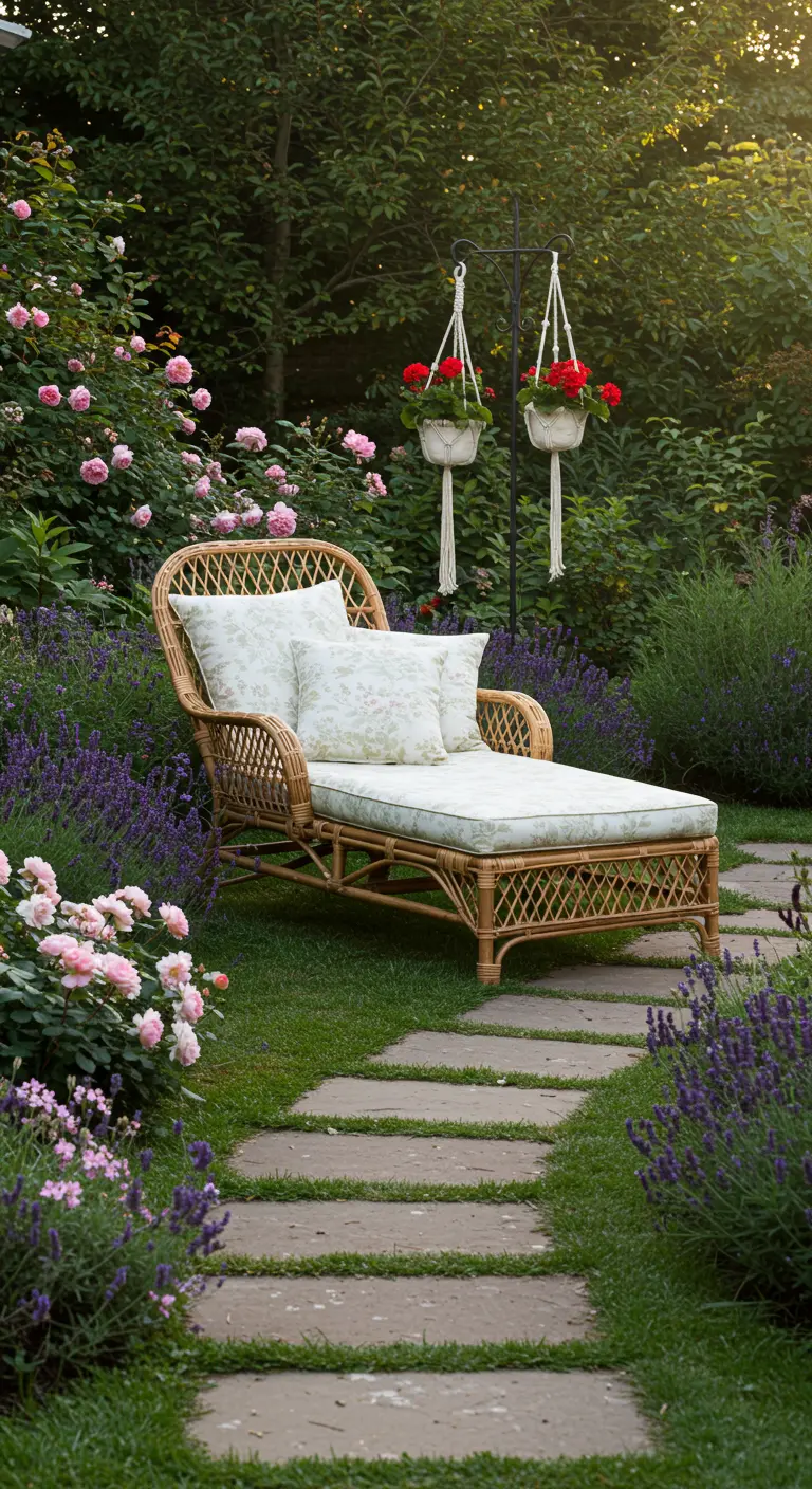Rattan chaise lounge with floral cushions nestled among lavender and rose bushes.