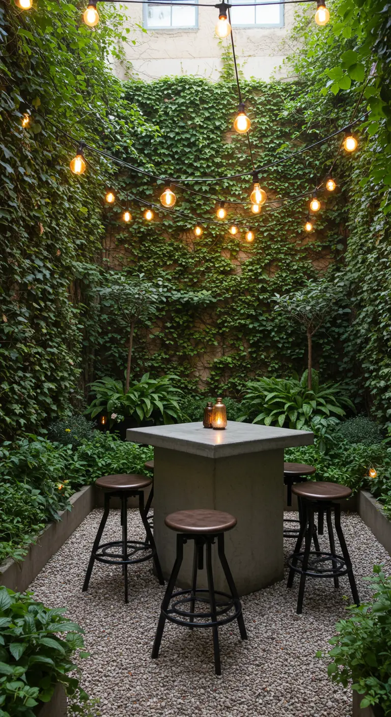 A hidden courtyard with ivy-covered walls and a concrete table.