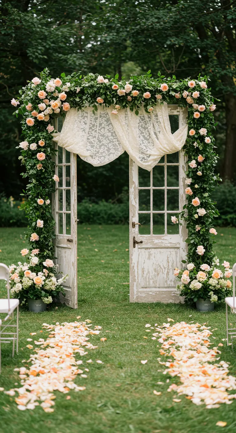 An altar made of vintage white doors, covered in peach roses and greenery.