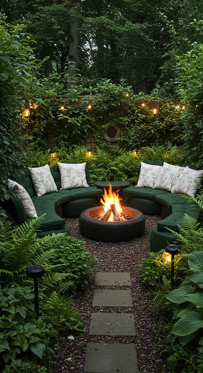 Fire pit in a lush green garden corner with dark green tire seating and ferns.