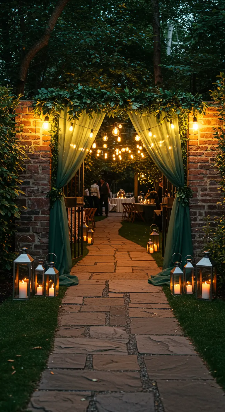A brick garden gateway decorated with greenery, green drapes, lanterns, and Edison lights.