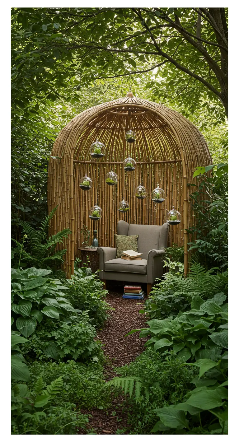 A domed bamboo gazebo in a lush garden, filled with hanging succulent terrariums.