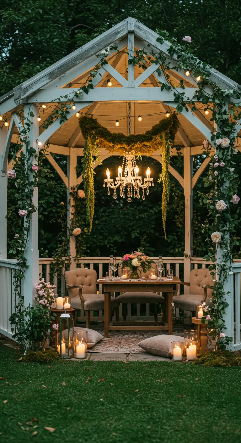 White gazebo decorated with a chandelier, climbing roses, and candles.