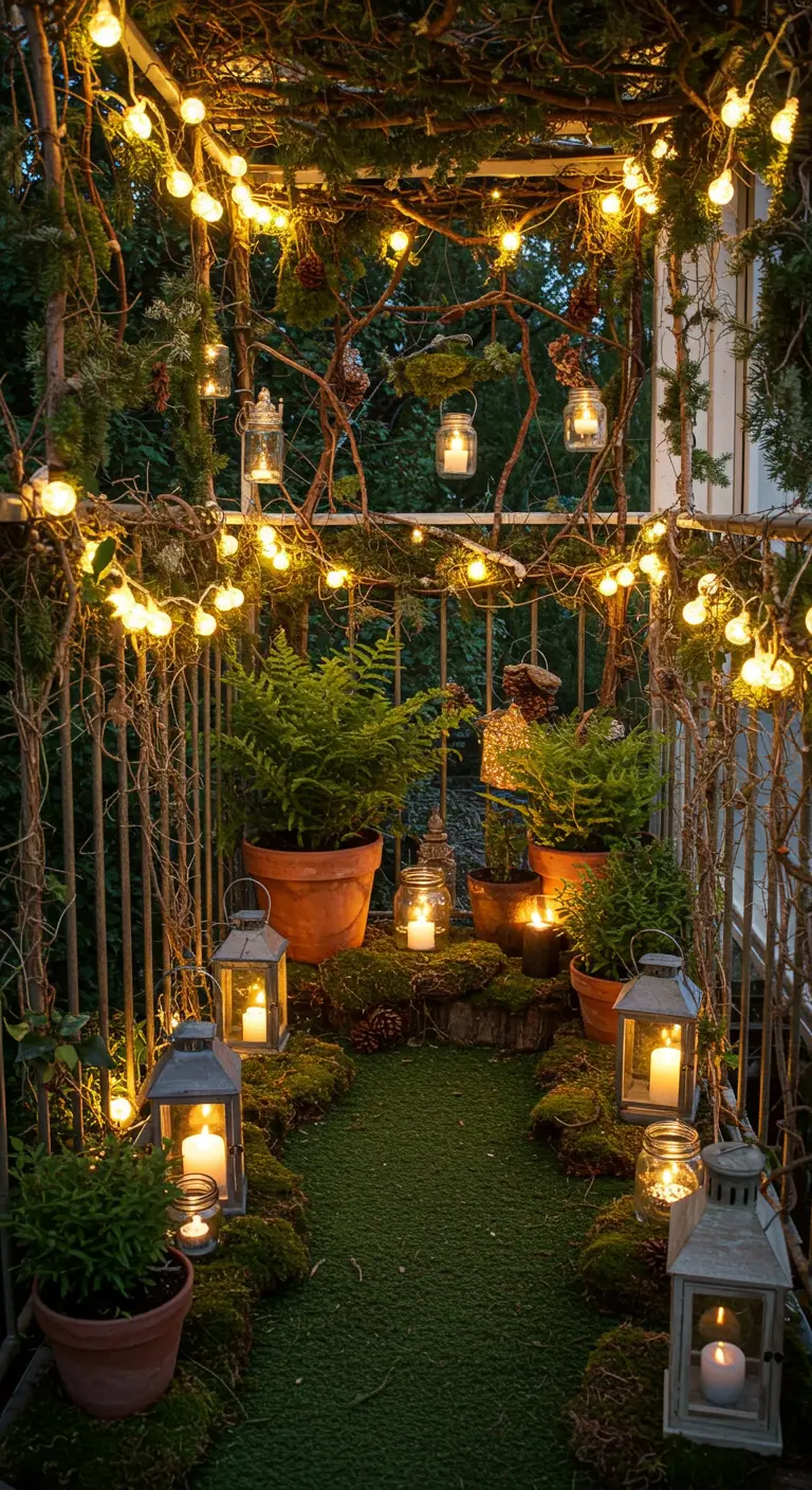 A narrow balcony transformed into a lush, green grotto with moss, ferns, and many lights.