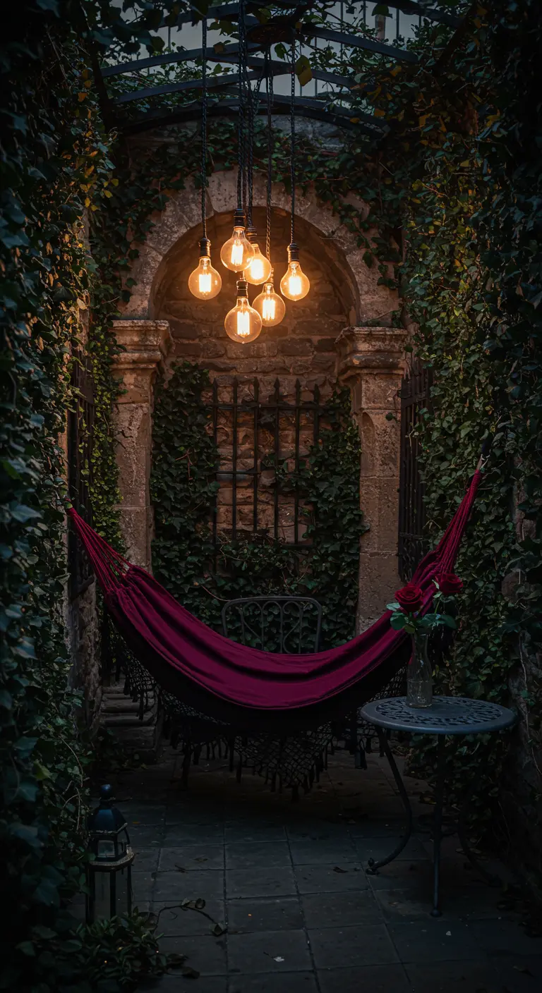 A deep red hammock in a stone archway covered in ivy, lit by a cluster of Edison bulbs.