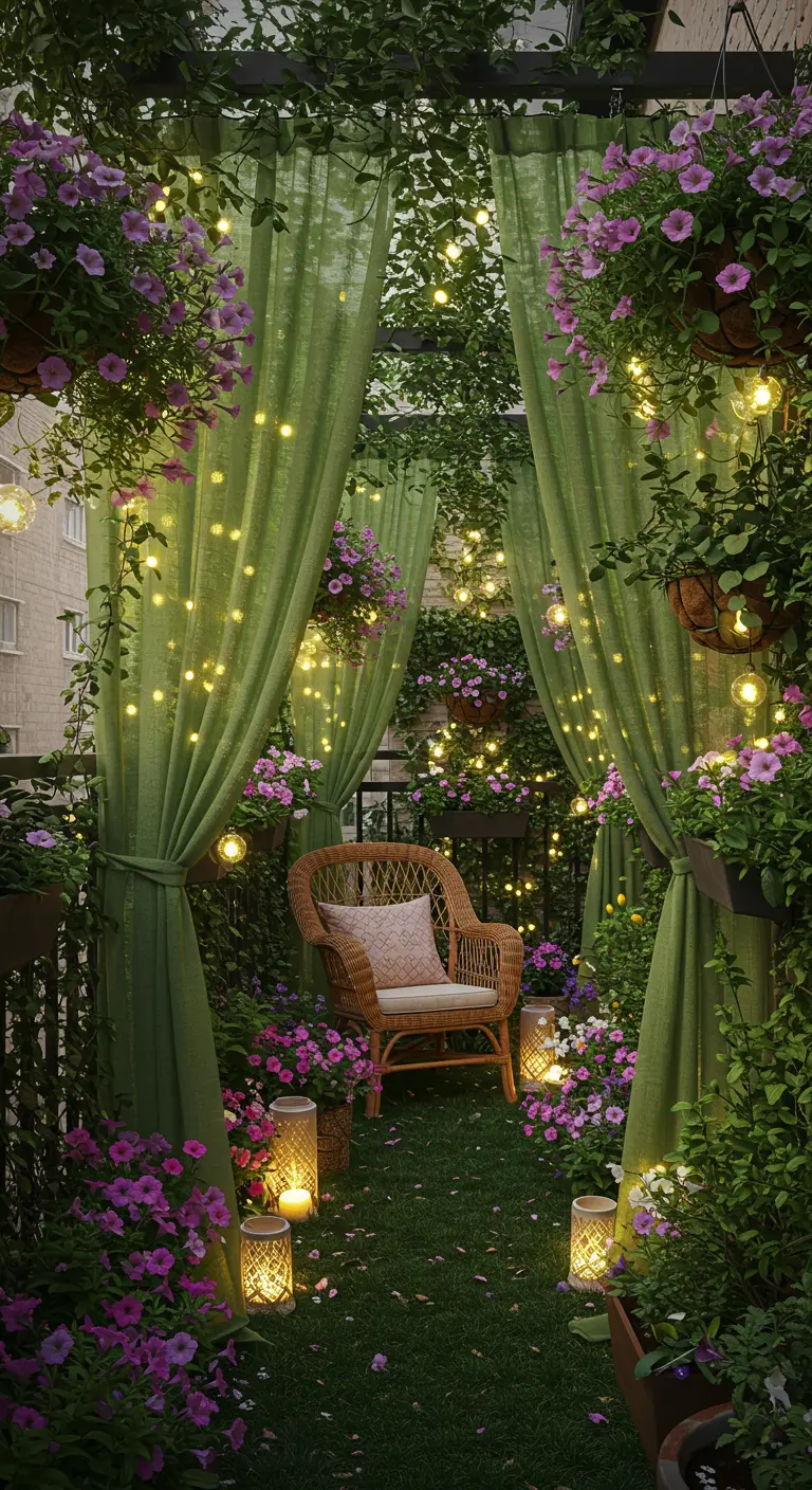 Lush green balcony transformed into a secret garden with drapes, a wicker chair, and fairy lights.