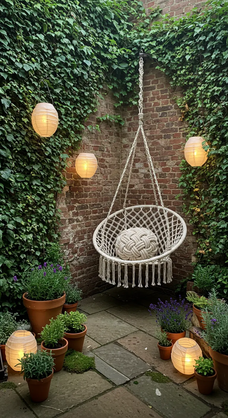 White macramé hanging chair in a brick courtyard with ivy and lanterns.