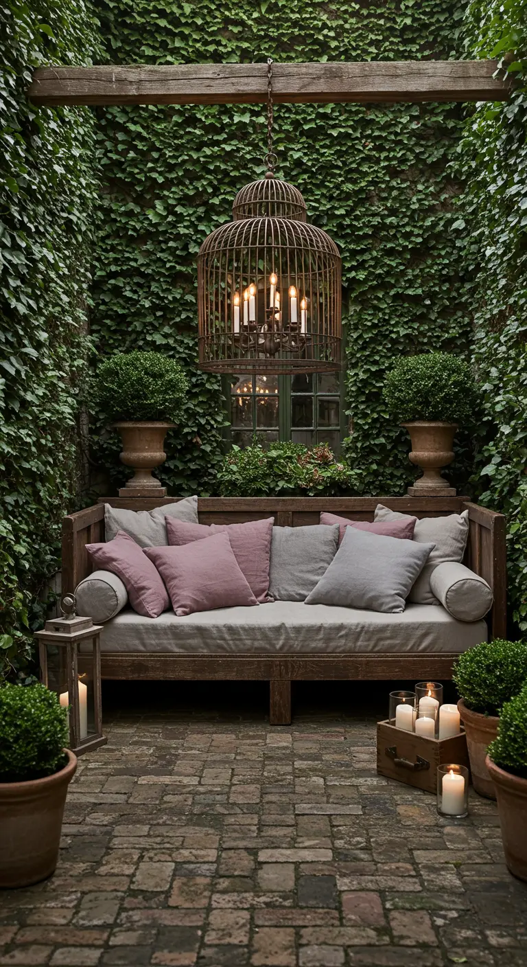 Courtyard with ivy-covered walls, a wood sofa with pink pillows, and a large birdcage chandelier.