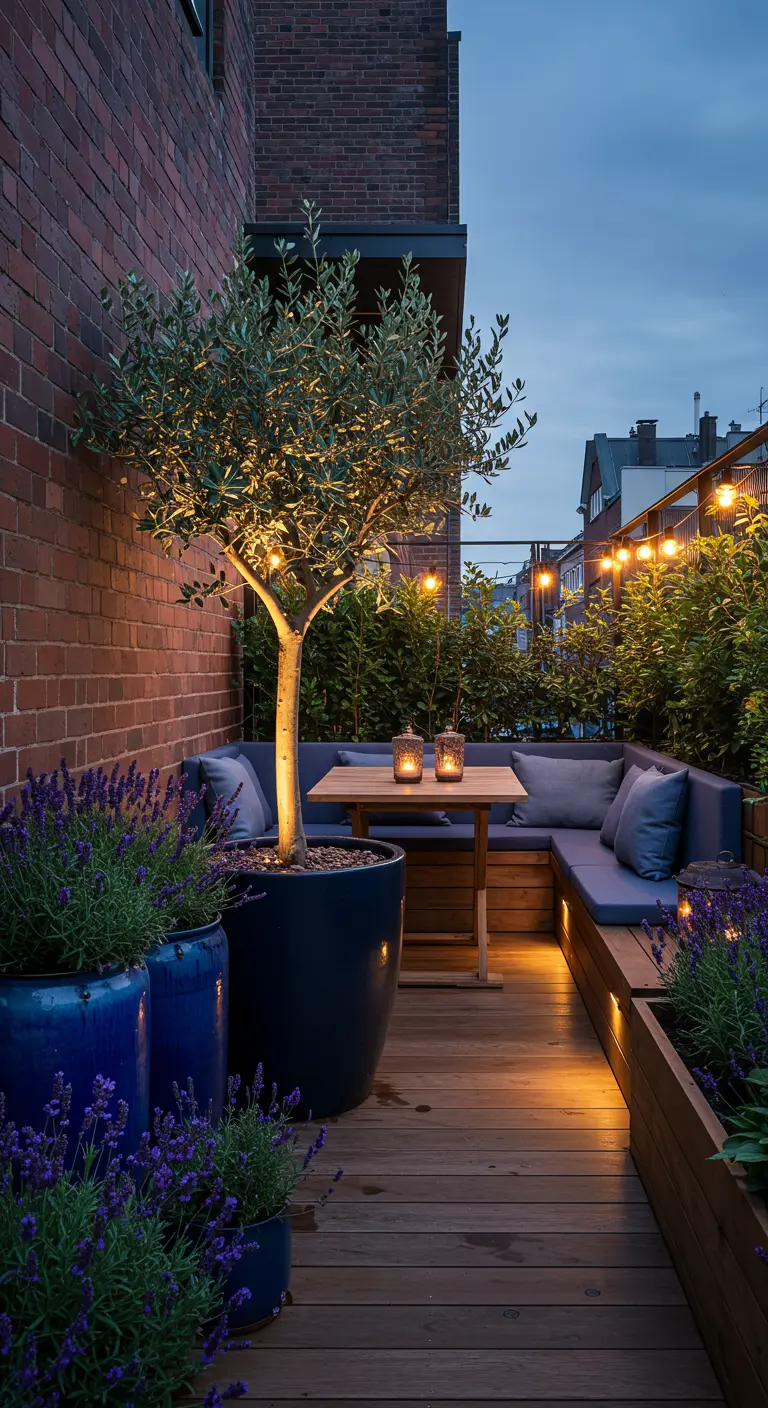 Cozy balcony with built-in wooden seating, an uplight on an olive tree, and blue pots.