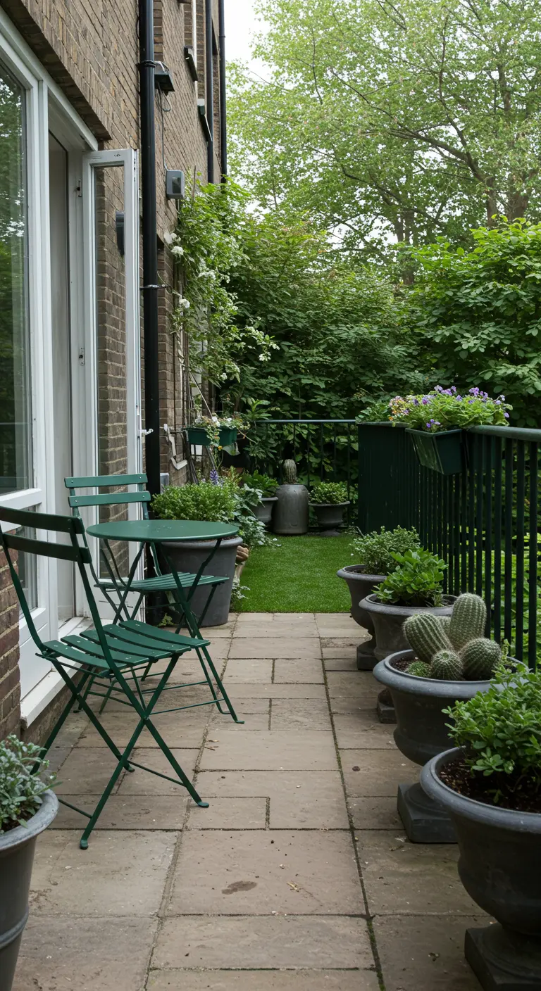 A dark green bistro set on a stone patio, surrounded by lush greenery and potted plants.