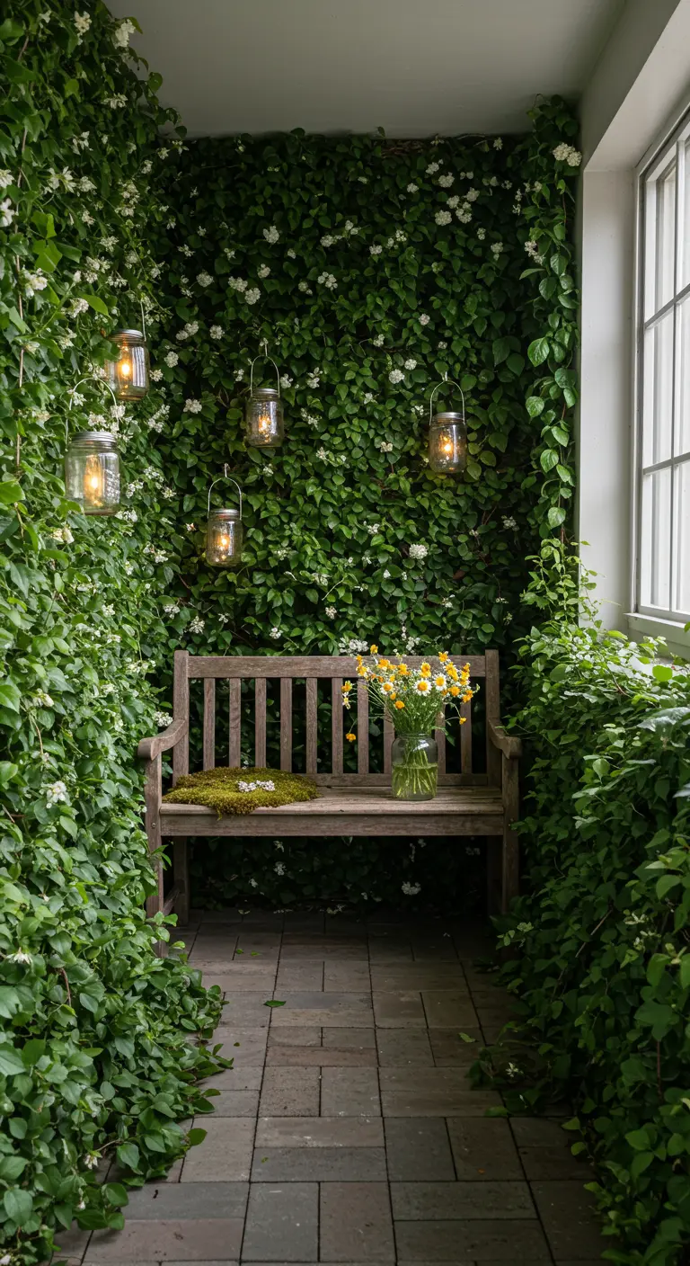 A small patio space enclosed by walls covered in flowering green vines, with a bench and hanging lanterns.