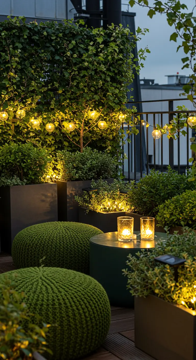 A cozy, green rooftop corner with knit poufs, candles, and string lights woven into ivy walls.