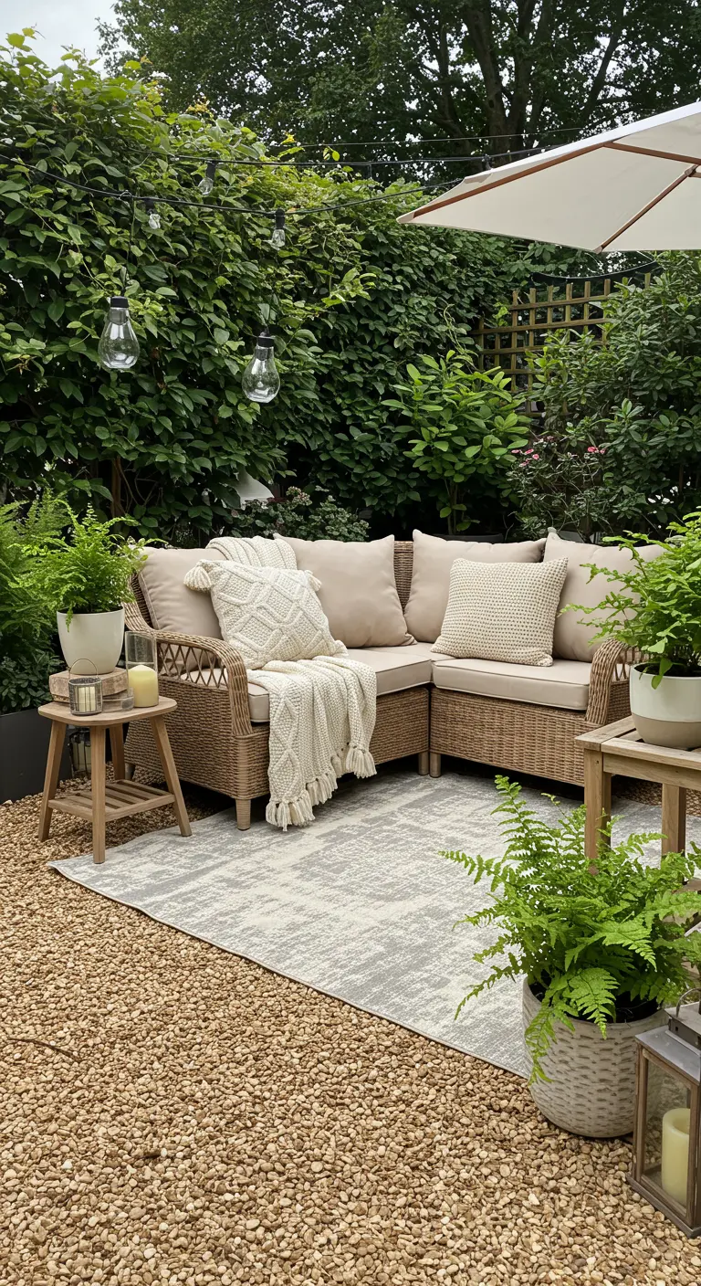 A cozy rattan sectional with cream pillows on a gravel patio against a green hedge.