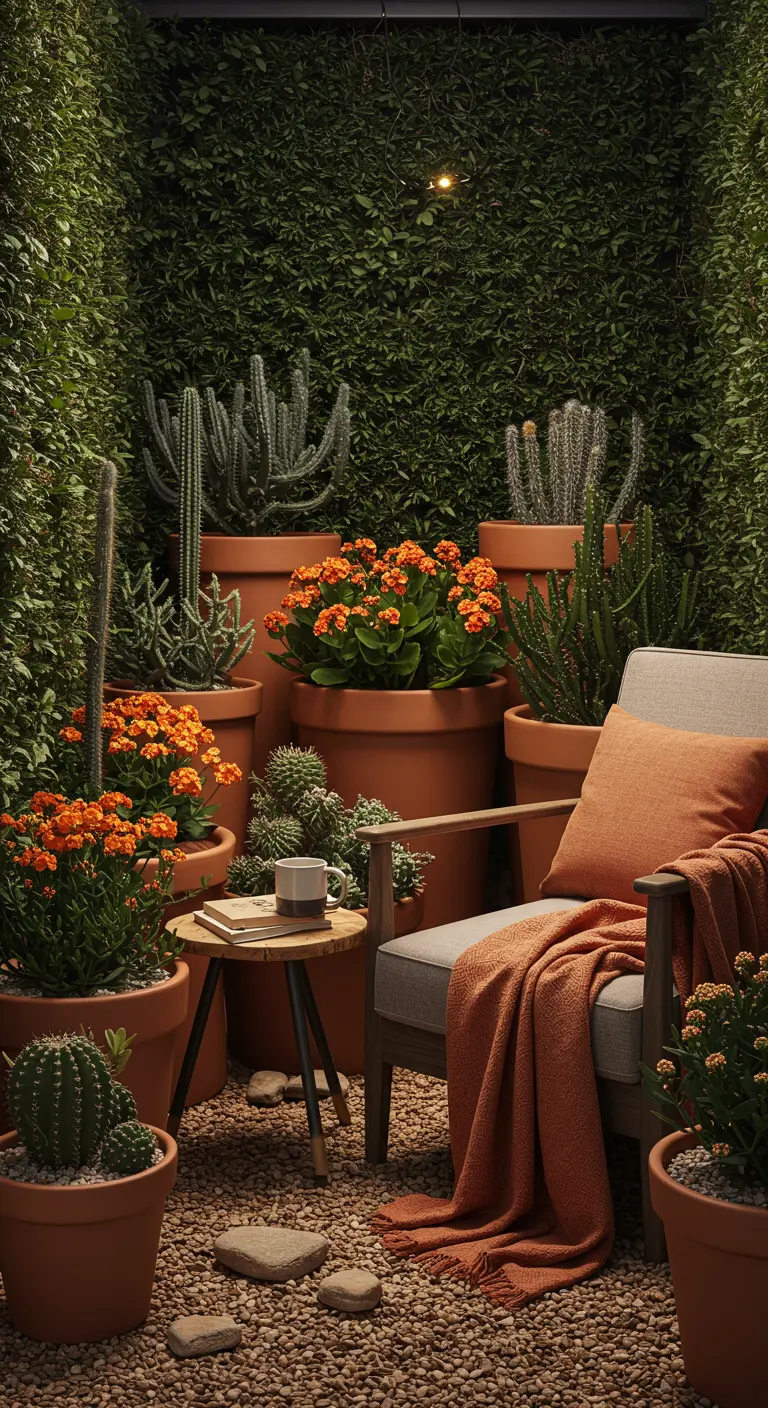 A cozy armchair surrounded by dense terracotta pots with cacti and orange flowers.