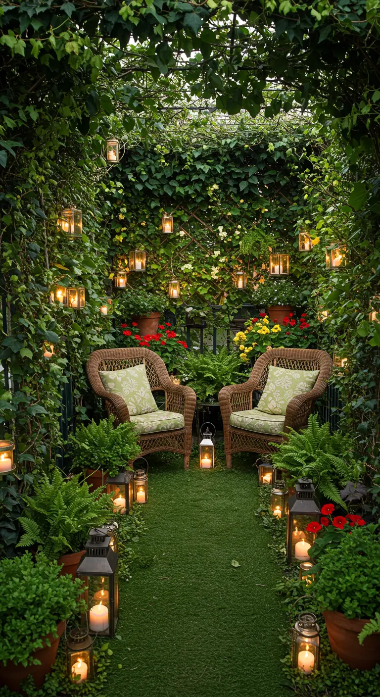 A small patio enclosed by ivy-covered walls, with wicker chairs and lanterns creating a secret garden.