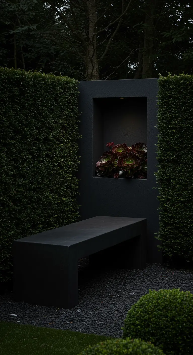 A moody, dark grey concrete bench with a succulent niche, framed by a dark green formal hedge.