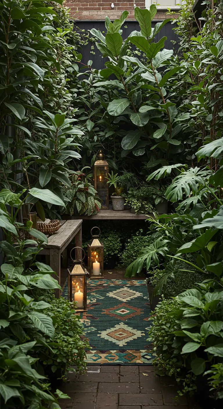 A narrow garden path with a kilim runner and lanterns, surrounded by lush green plants.