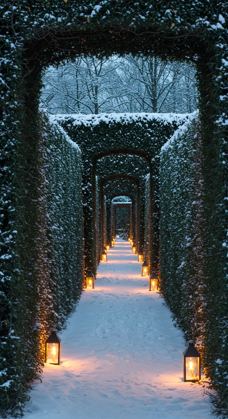 A narrow path through a tall hedge maze, lit by lanterns on the snow.
