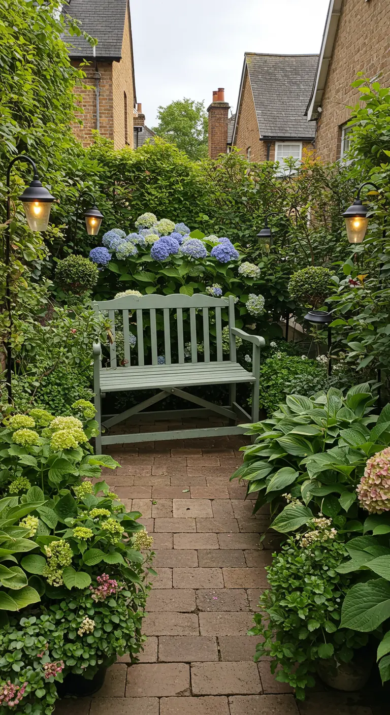 A lush garden path leading to a green bench, surrounded by hydrangeas.