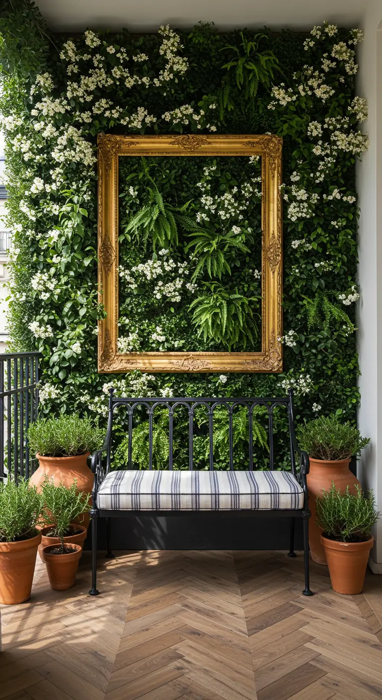 A lush green wall with an ornate gold frame in the center, framing more ferns behind a black bench.