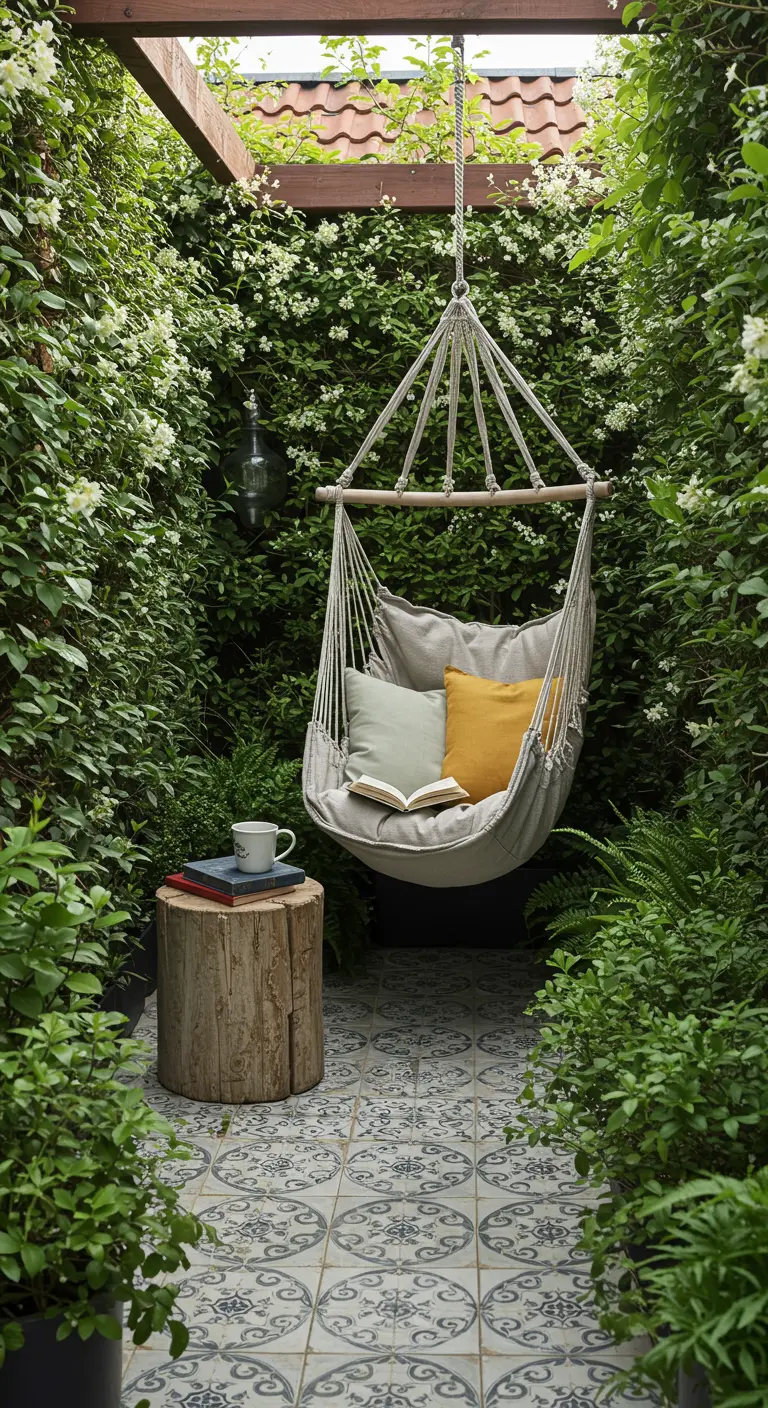 A secluded garden nook with walls of green ivy and a hanging chair.