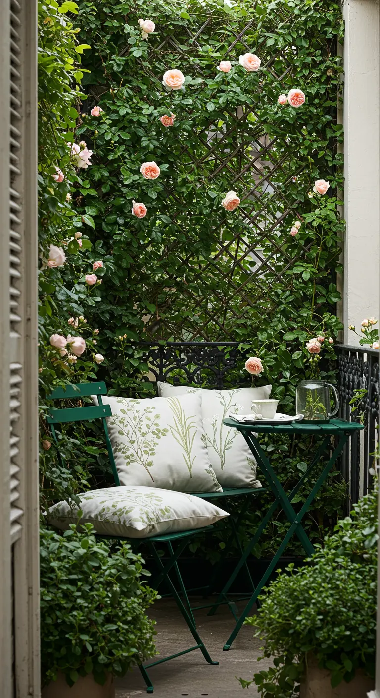 A lush balcony enclosed by a wall of climbing pink roses and green foliage.
