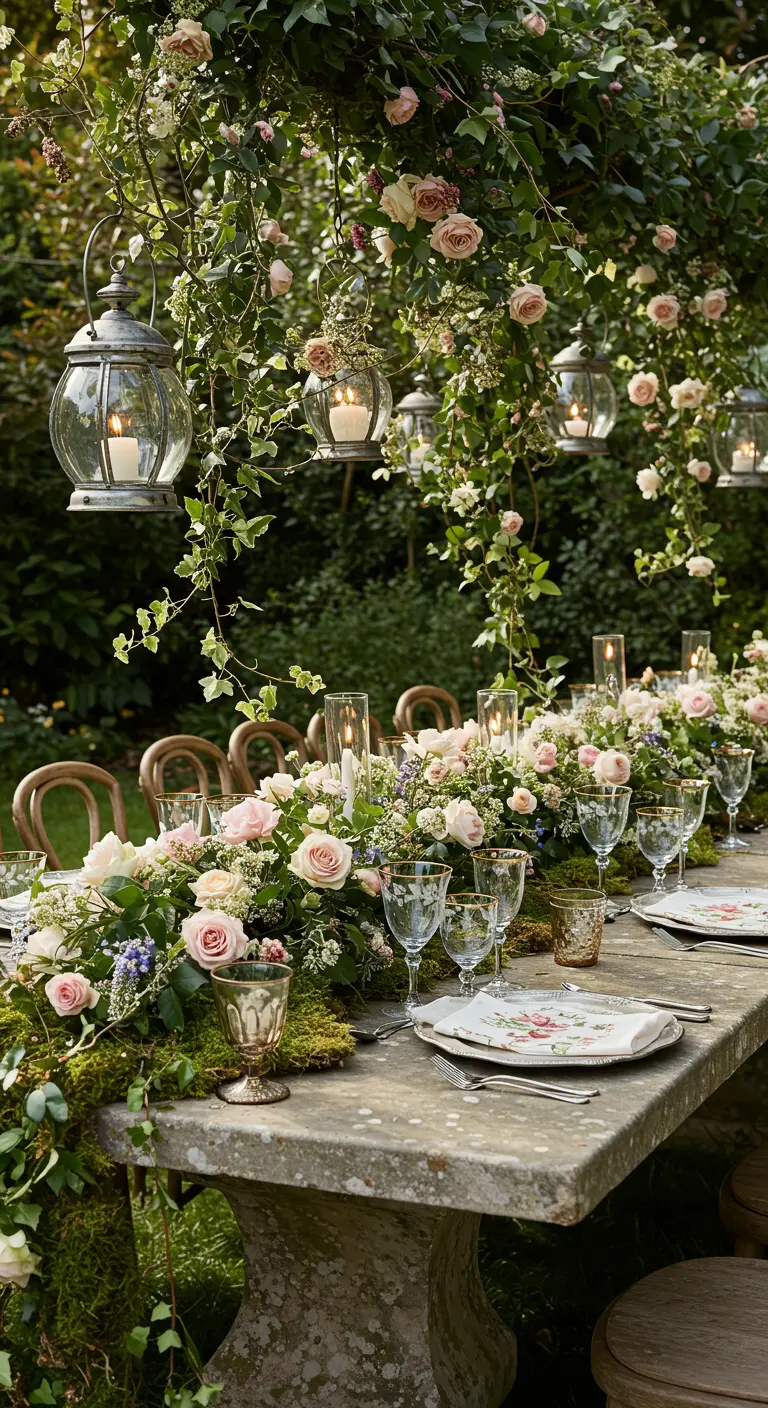 Romantic garden table under a floral arbor with hanging lanterns and a lush rose runner.