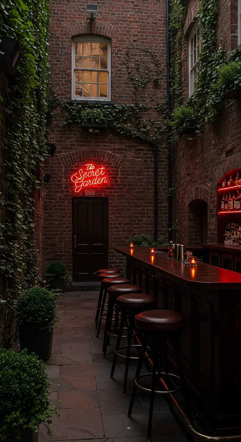 Secluded brick courtyard garden with a red 'The Secret Garden' neon sign.