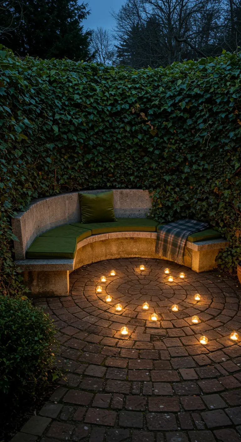 A curved stone bench in a garden, with tea lights arranged in a spiral on the brick ground before it.