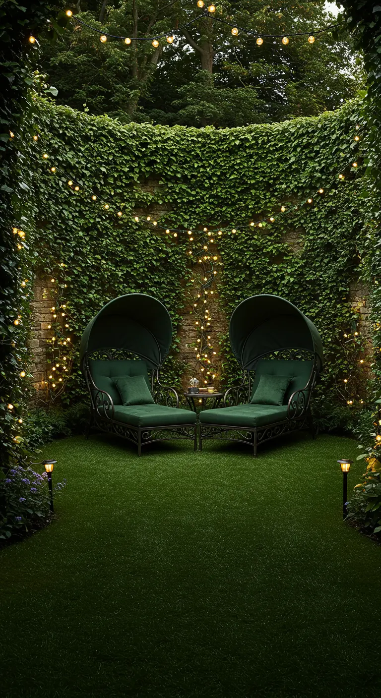 Two dark green hooded sunbeds in a courtyard with ivy-covered walls and fairy lights.