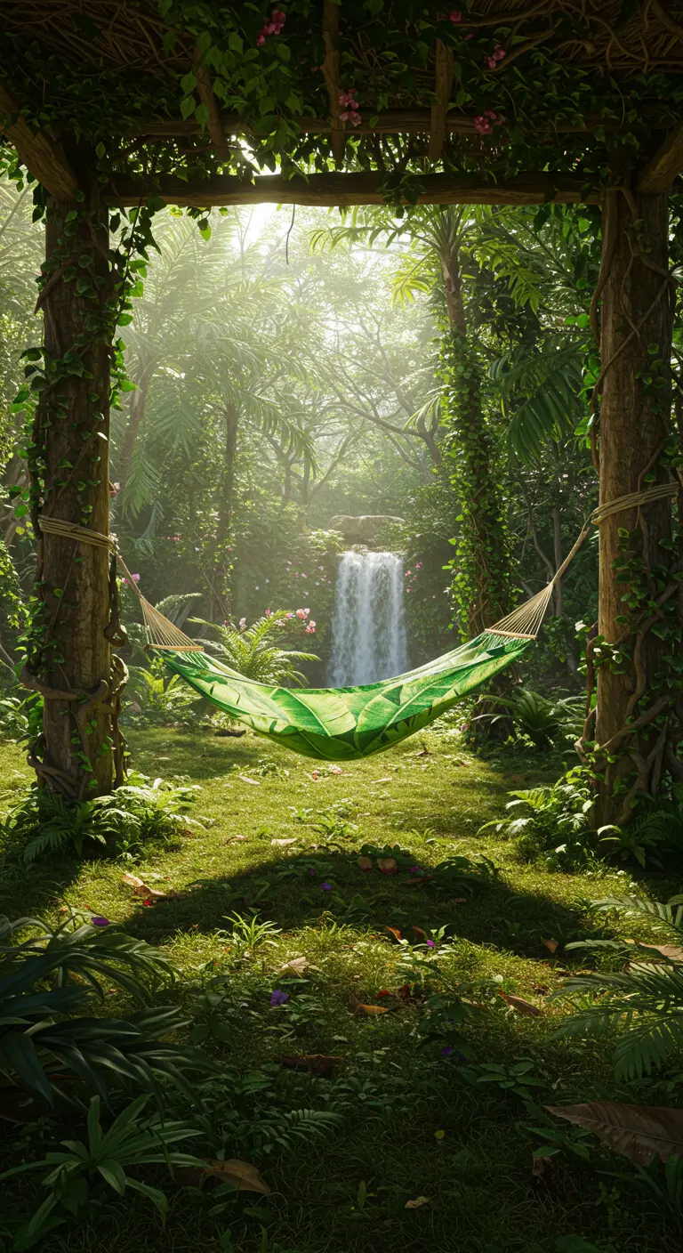 A bright green leaf-shaped hammock hanging between two vine-covered trees in a lush, misty forest.
