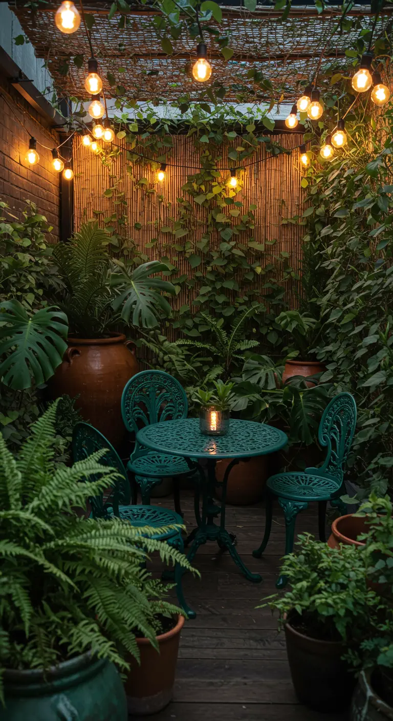 A cozy, lush green patio with a dark green bistro set and abundant tropical plants.