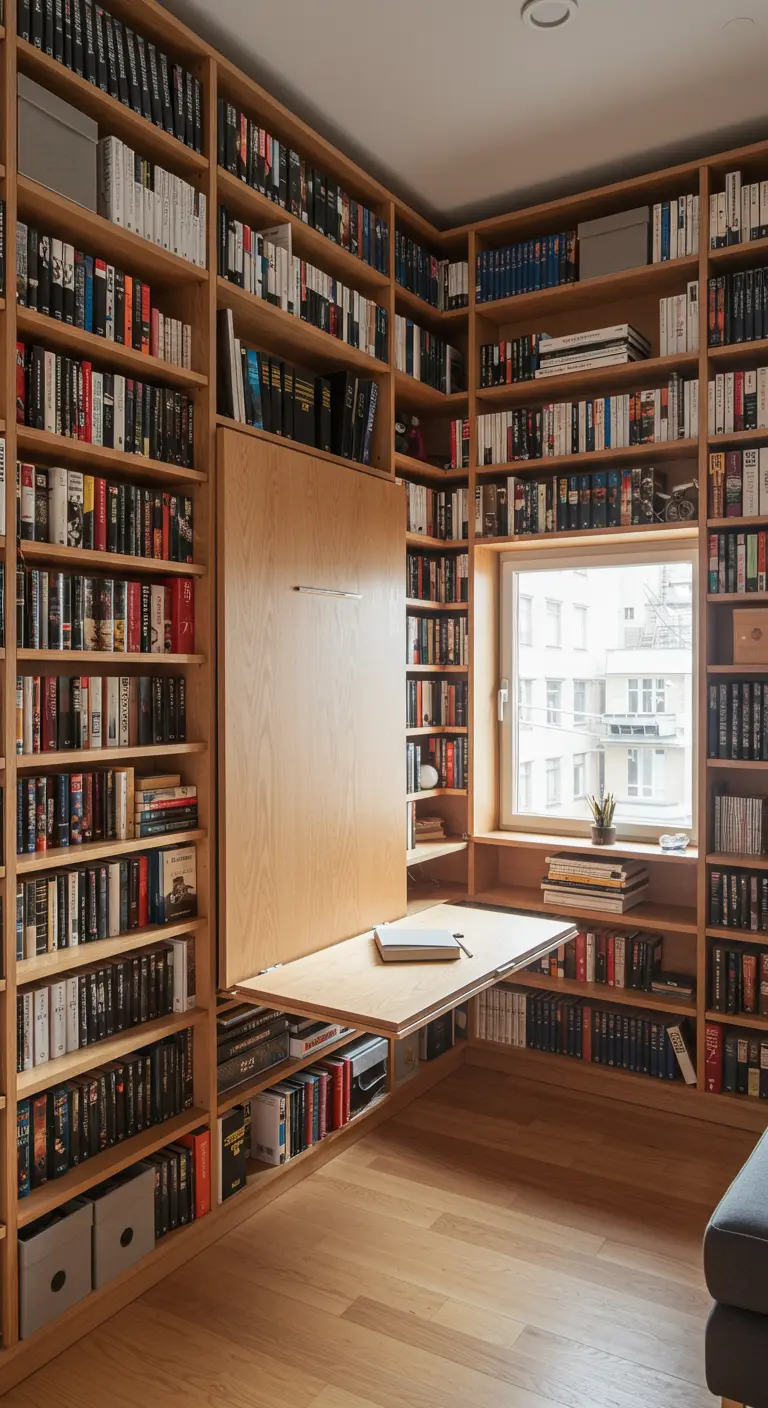 A Murphy bed with a fold-down desk integrated into a floor-to-ceiling library wall.