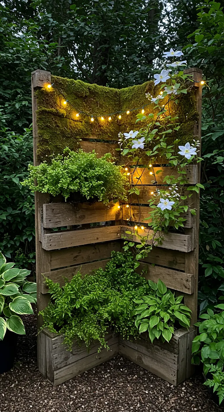 A corner pallet screen covered in moss and fairy lights, with ferns and a white clematis vine.
